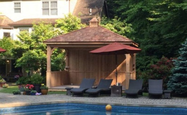 backyard pool house with pavilion wall