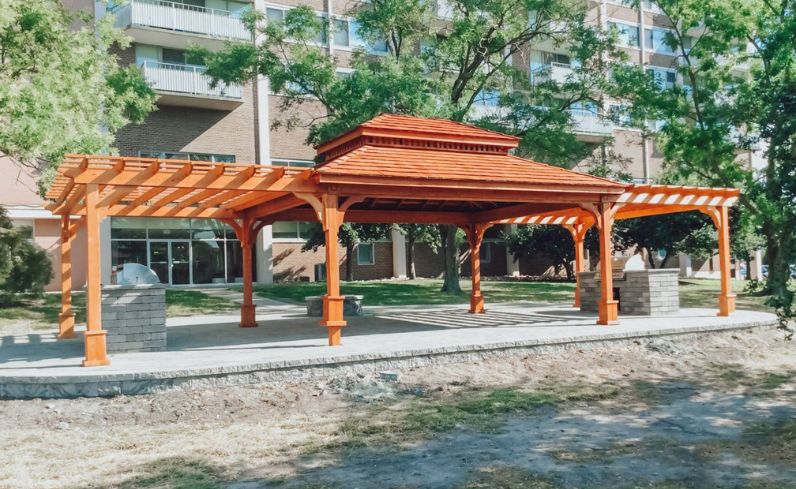 wooden modern pavilion idea with pergolas 