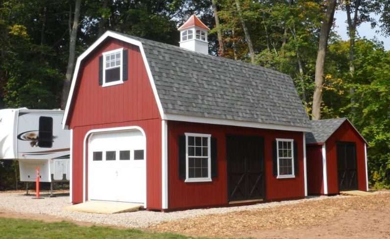 small prefab garage idea with red siding and white trim